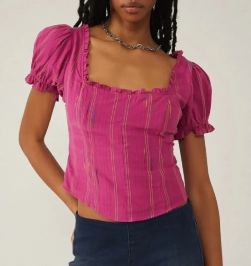 Free People Serotonin Corset Top Ruffle Square Neck Puff Sleeve Smocked Blouse